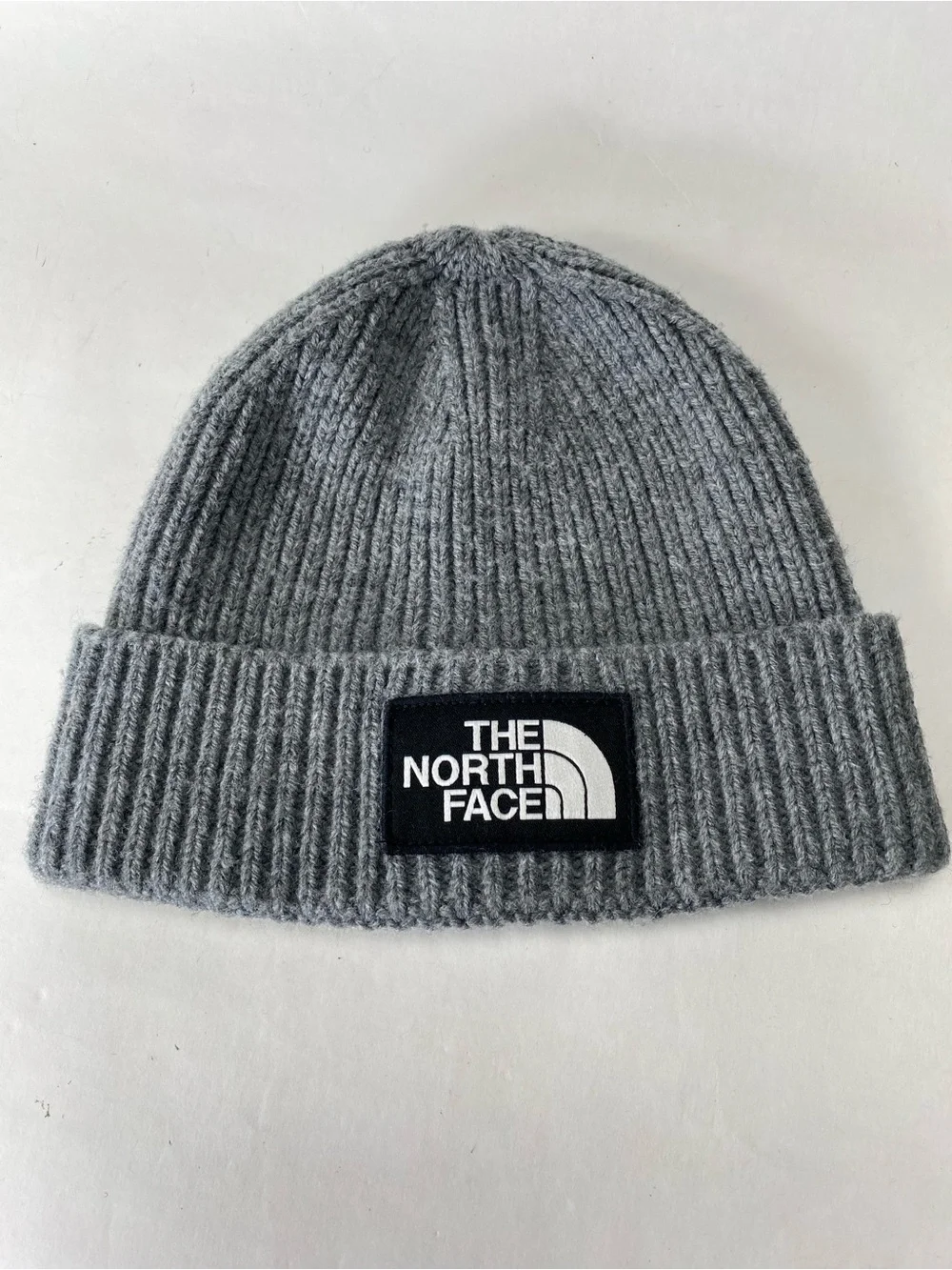 The North Face Charcoal Ribbed Knit Beanie with Logo Patch - Unisex